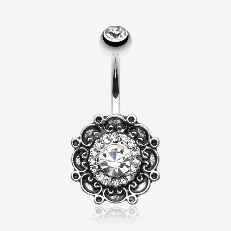 Vintage Filigree Flower Multi-Gem Belly Button Ring