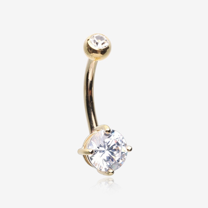 14 Karat Gold Prong Set Gem Belly Button Ring 14 GA (1.6mm), 3/8″ (10mm), Gem: 6mm