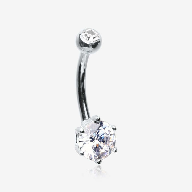 14 Karat White Gold Glam Prong Set Gem Belly Button Ring