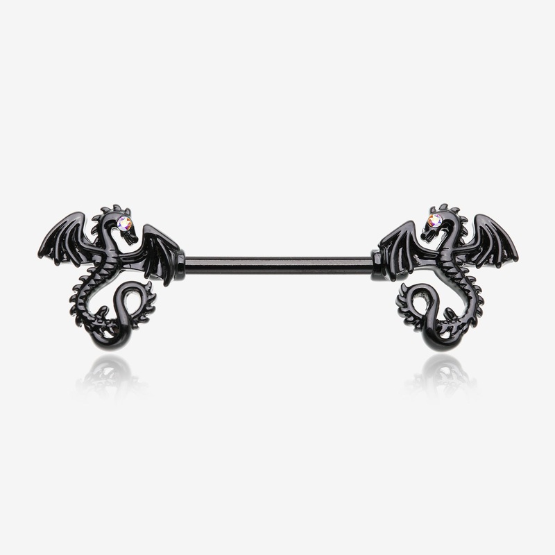 A Pair of Blackline Jeweled Eye Dragon Sparkle Nipple Barbell 14 GA (1.6mm), 1/2″ (12mm)