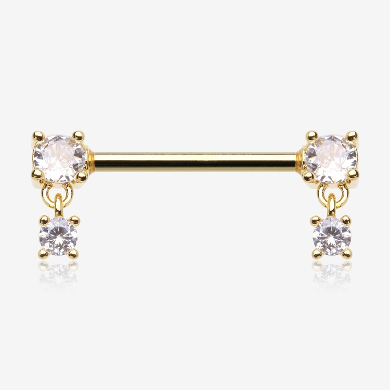 A Pair of Golden Brilliant Sparkle Gem Dangle Nipple Barbell 14 GA (1.6mm), 1/2″ (12mm)