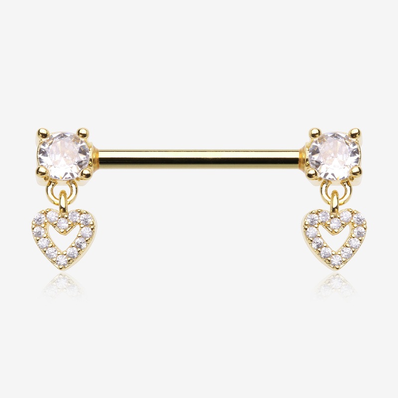 A Pair of Golden Brilliant Sparkle Heart Gem Hollow Dangle Nipple Barbell 14 GA (1.6mm), 1/2″ (12mm)