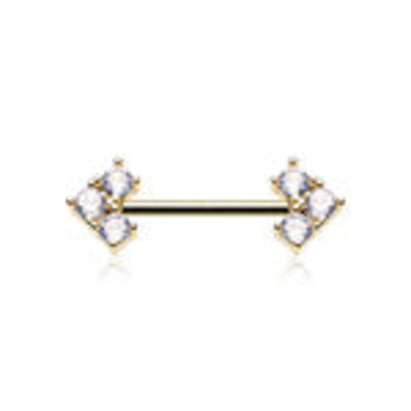 A Pair of Golden Geometric Sparkle Arrow Ends Nipple Barbell 14 GA (1.6mm), 1/2″ (12mm)