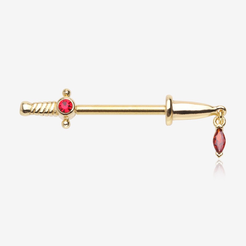 A Pair of Golden Sparkle Dagger Dangle Nipple Barbell Ring-Red 14 GA (1.6mm), 1/2″ (12mm)
