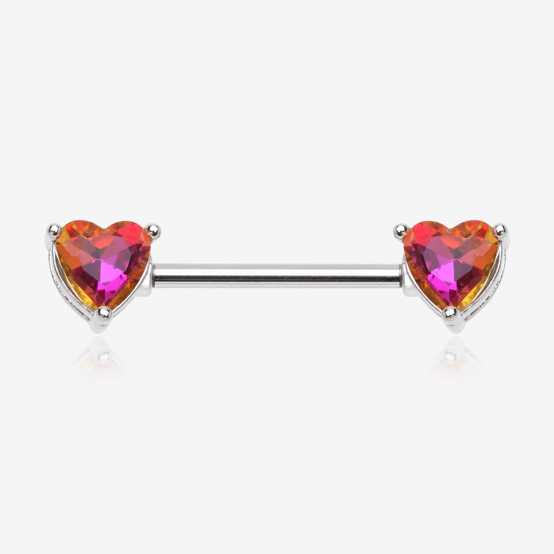 A Pair of Iridescent Heart Gem Sparkle Nipple Barbell 14 GA (1.6mm), 1/2″ (12mm)
