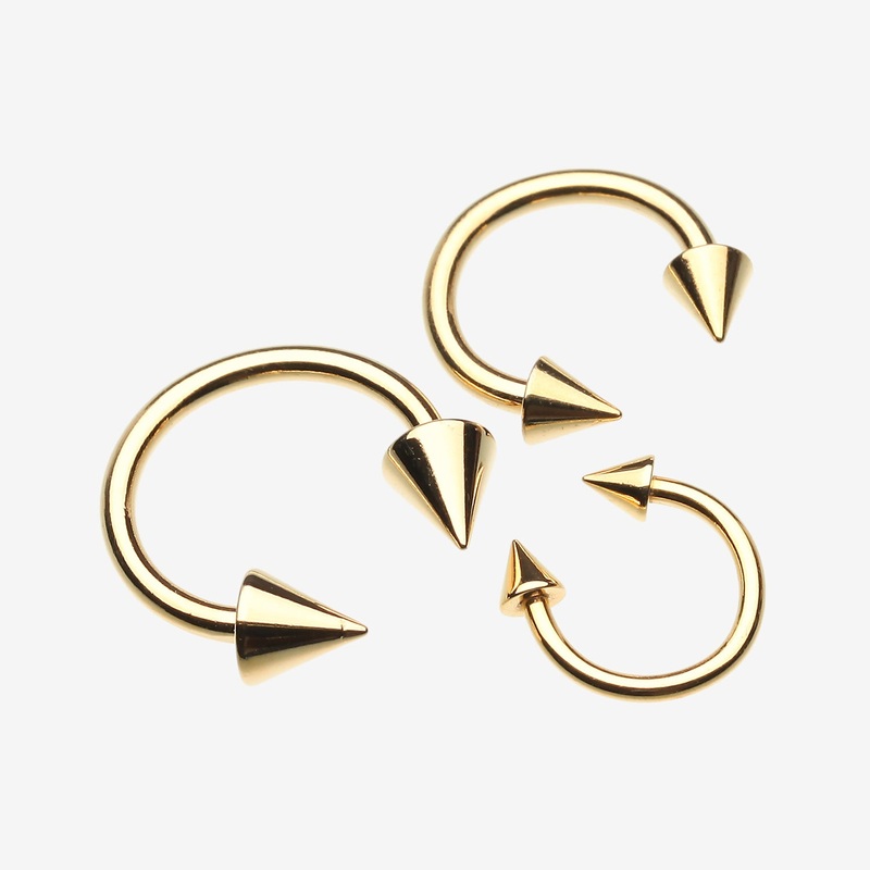 Gold Plated Basic Spike Top Horseshoe Circular Barbell* 18 GA (1mm), 3/8″ (10mm), Ball: 4mm