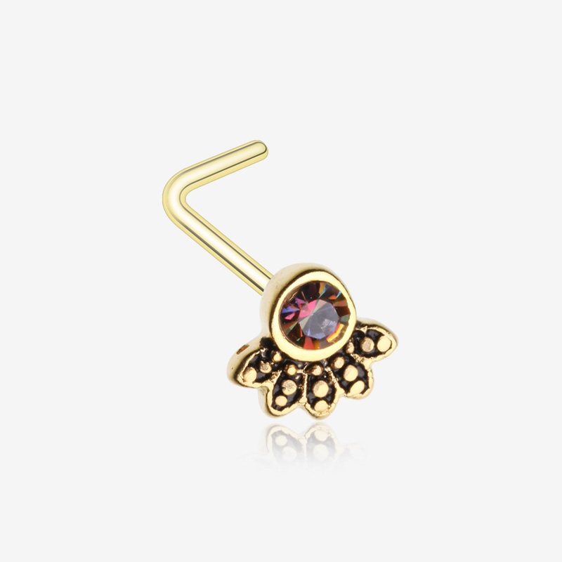 Golden Antique Bali Floral Sparkle L-Shaped Nose Ring