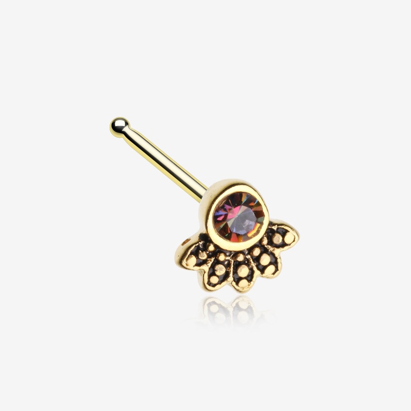Golden Antique Bali Floral Sparkle Nose Stud Ring