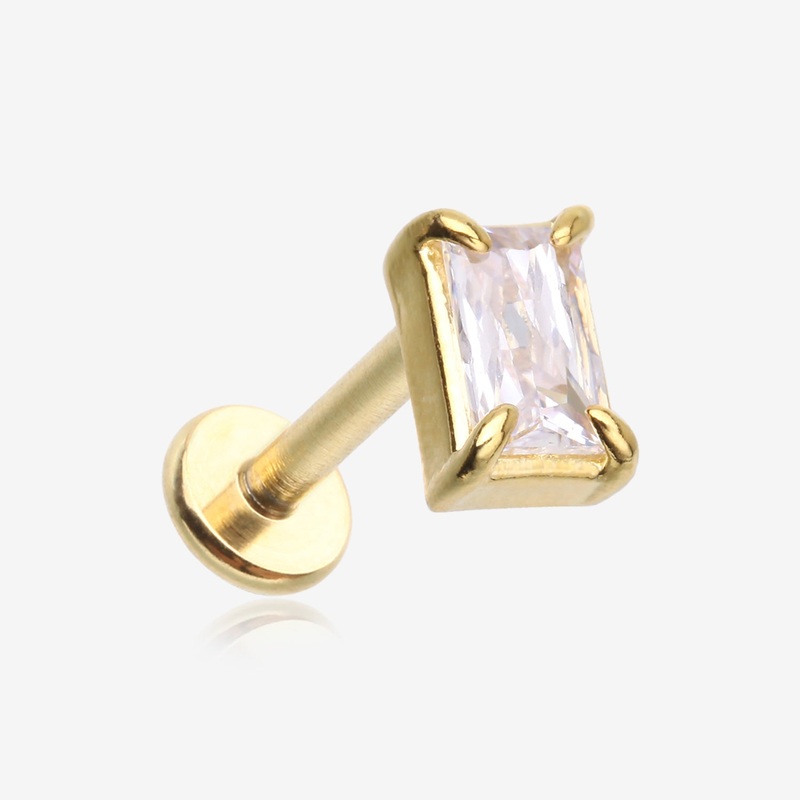 Golden Brilliant Sparkle Baguette Prong Gem Top Flat Back Stud Labret