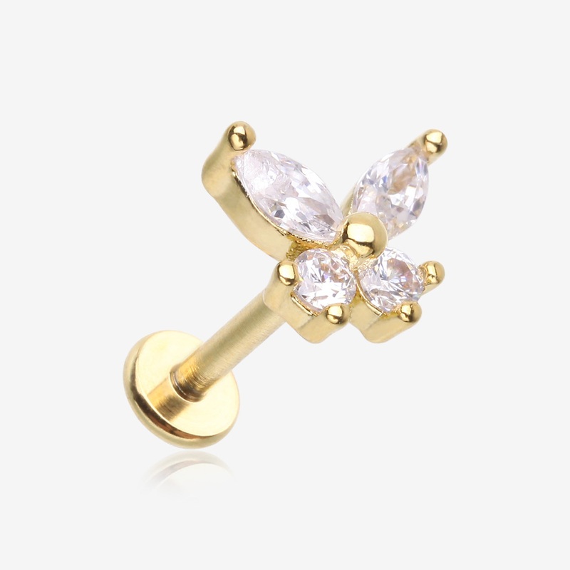 Golden Brilliant Sparkle Butterfly Prong Gem Top Flat Back Stud Labret
