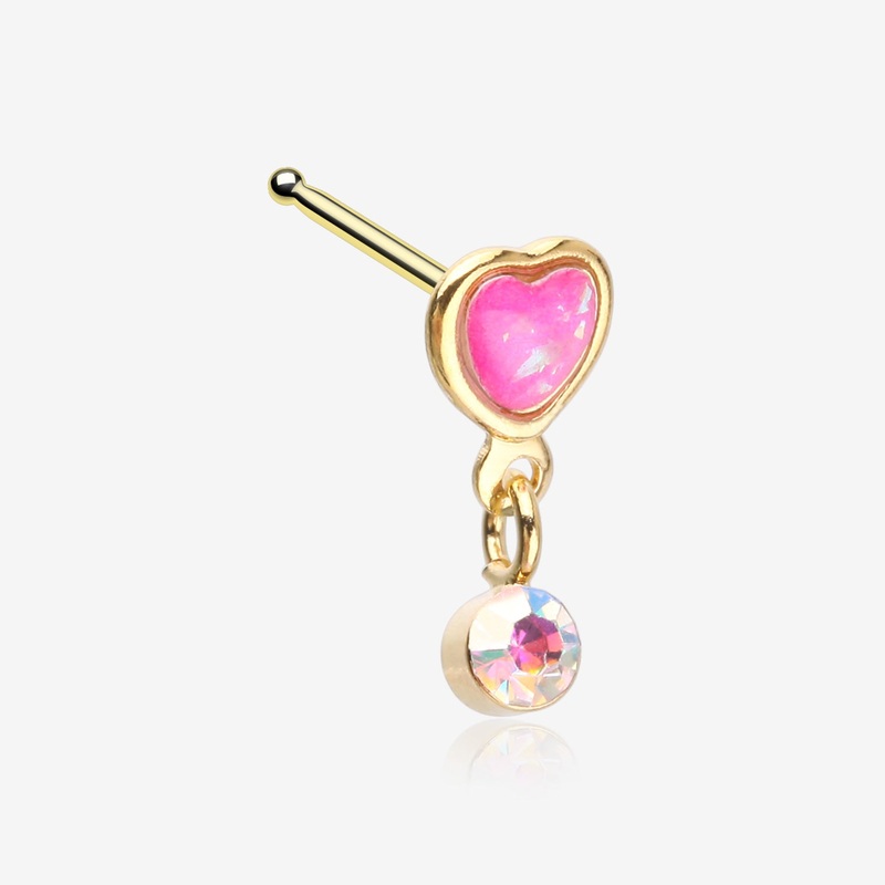 Golden Opalescent Glitter Heart Sparkle Dangle Nose Stud Ring