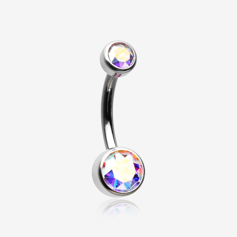Implant Grade Titanium Internally Threaded Bezel Set Gem Belly Button Ring 14 GA (1.6mm), 3/8″ (10mm), Gem: 4 & 6mm