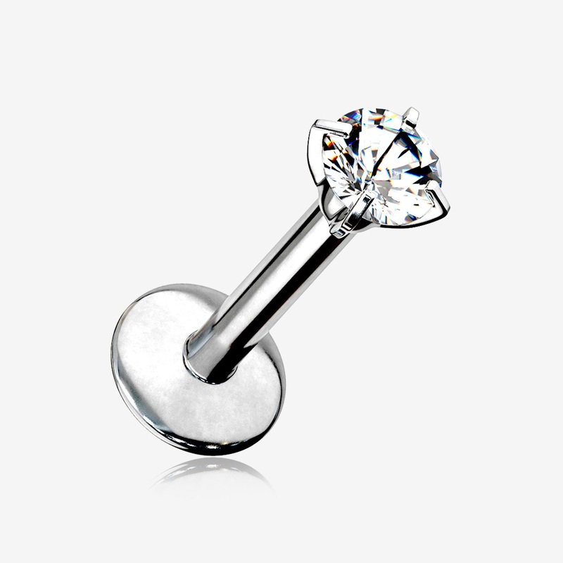 Implant Grade Titanium Internally Threaded Gem Sparkle Prong Set Labret 18 GA (1mm), 1/4″ (6mm), Gem: 2mm