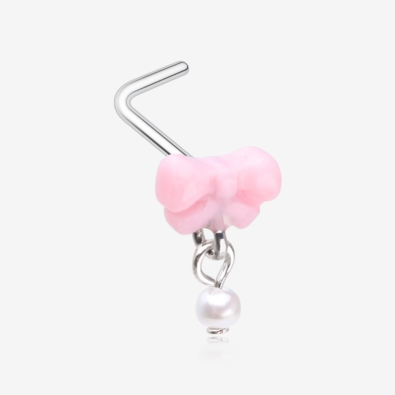 Kawaii Pop Fluffy Bow-Tie Pearlescent Dangle L-Shaped Nose Ring 20 GA (0.8mm), 9/32″ (7mm)