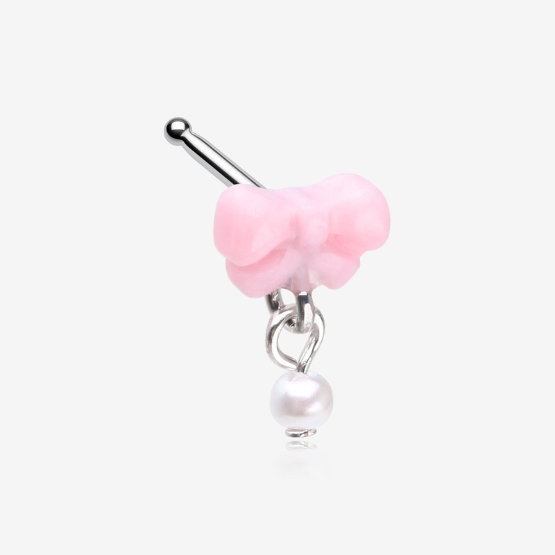 Kawaii Pop Fluffy Bow-Tie Pearlescent Dangle Nose Stud Ring 20 GA (0.8mm), 9/32″ (7mm)