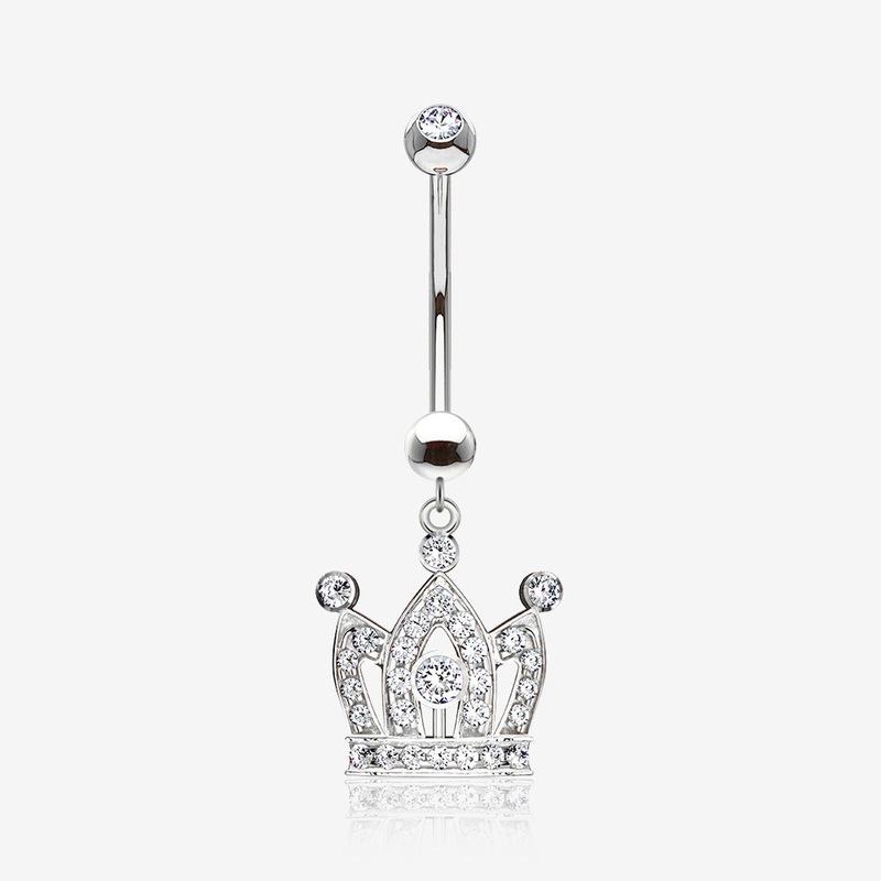 14 Karat White Gold Majestic Crown Sparkle Dangle Belly Button Ring Clear/White 14 GA (1.6mm), 3/8″ (10mm)