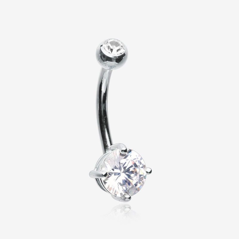 14 Karat White Gold Prong Set Gem Belly Button Ring 14 GA (1.6mm), 3/8″ (10mm), Gem: 6mm