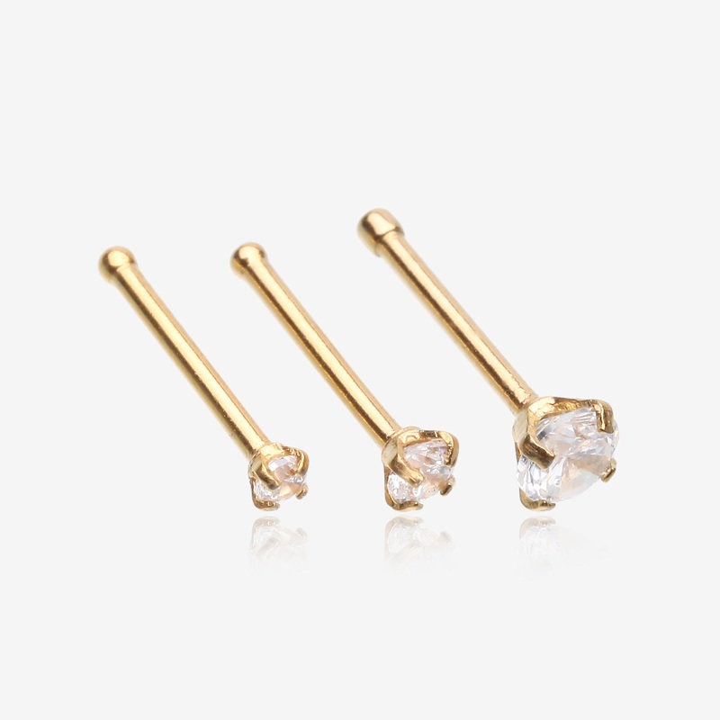 3 Pcs of Assorted Golden Prong Set Sparkle Gem Nose Stud Ring Package