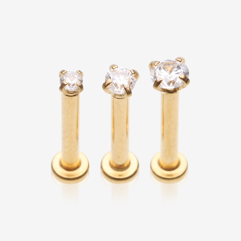 3 Pcs of Assorted Golden Prong Set Sparkle Gem Steel Micro Labret Package