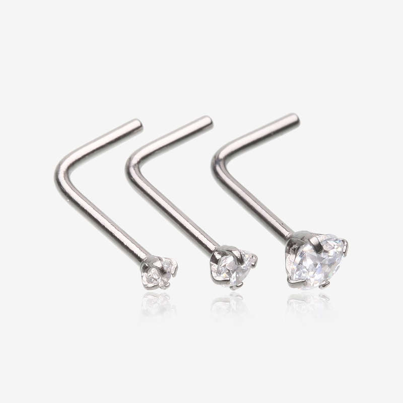3 Pcs of Assorted Prong Set Sparkle Gem L-Shaped Nose Ring Package
