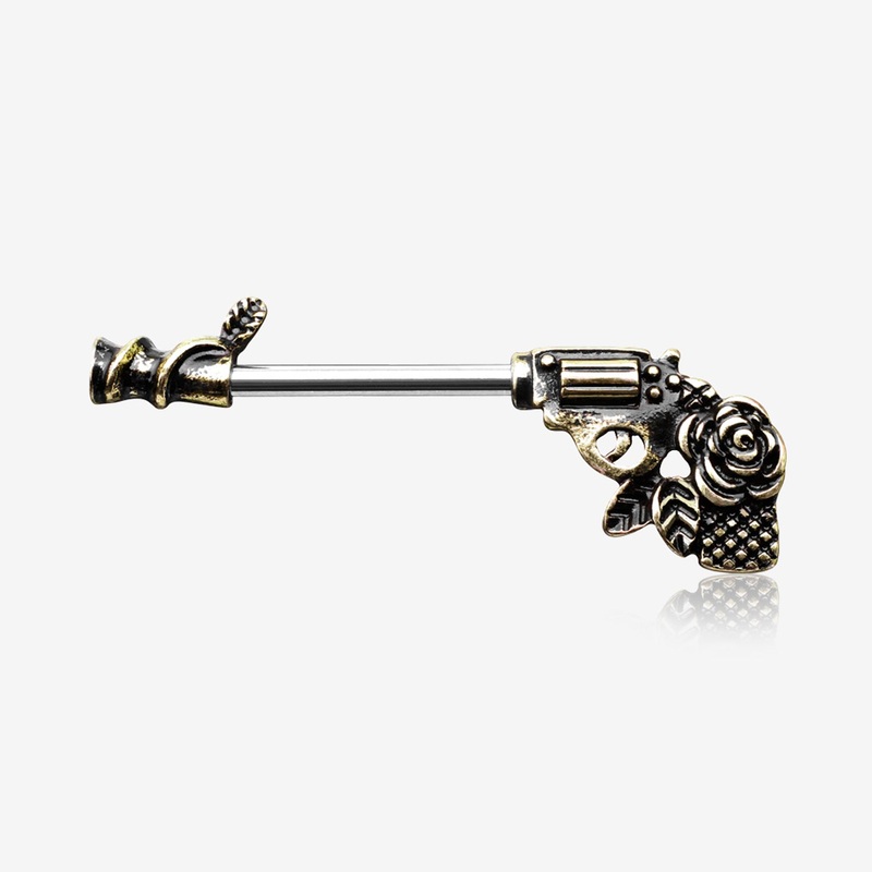 A Pair of Antique Brass Rose Vine Pistol Gun Nipple Barbell 14 GA (1.6mm), 1/2″ (12mm)