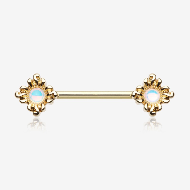A Pair of Golden Blazing Sun Iridescent Revo Sparkle Nipple Barbell 14 GA (1.6mm), 1/2″ (12mm)