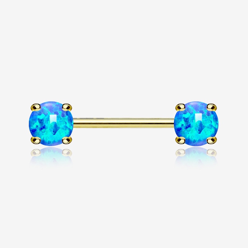 A Pair of Golden Fire Opal Prong Set Sparkle Nipple Barbell 14 GA (1.6mm), 1/2″ (12mm), Gem: 5mm