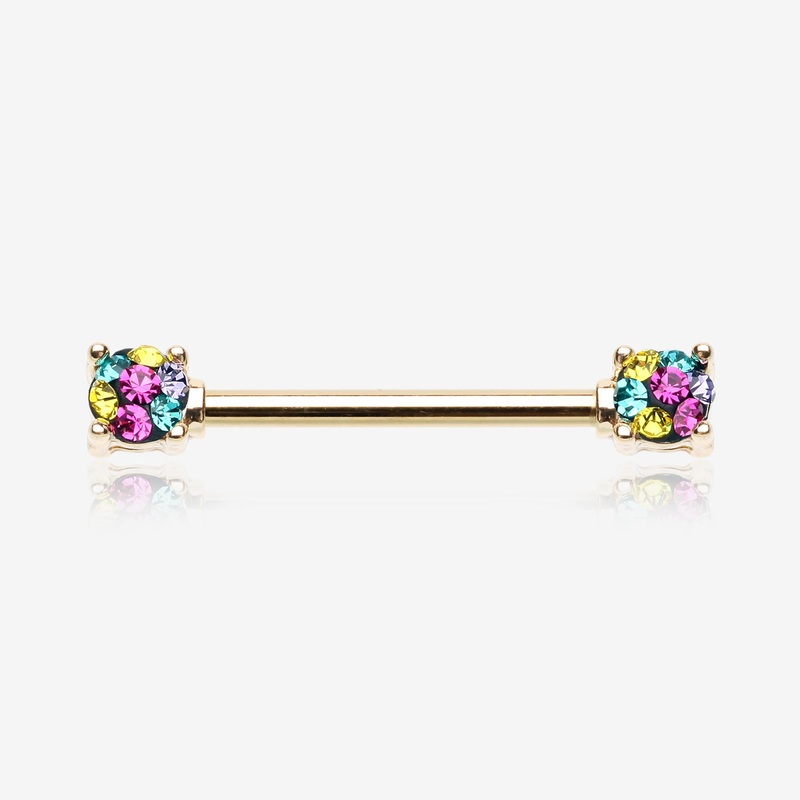 A Pair of Golden Motley Sprinkle Dot Multi-Gem Sparkle Prong Set Nipple Barbell 14 GA (1.6mm), 1/2″ (12mm)