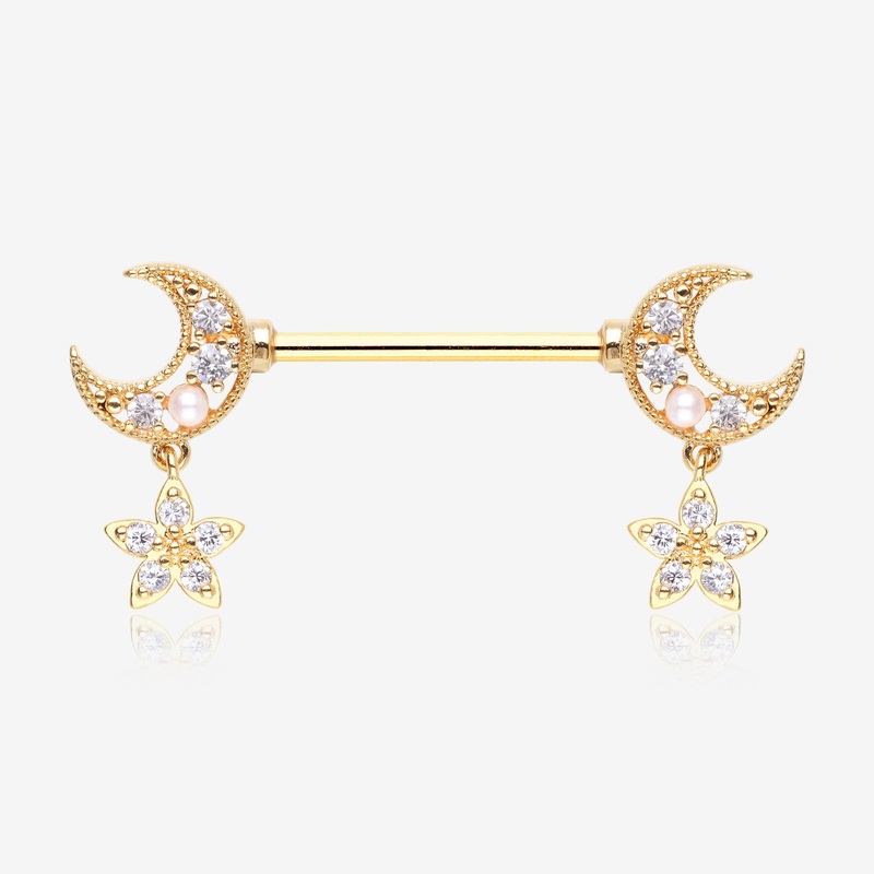 A Pair of Golden Sparkle Crescent Moon Twinkle Dangle Nipple Barbell 14 GA (1.6mm), 1/2″ (12mm)