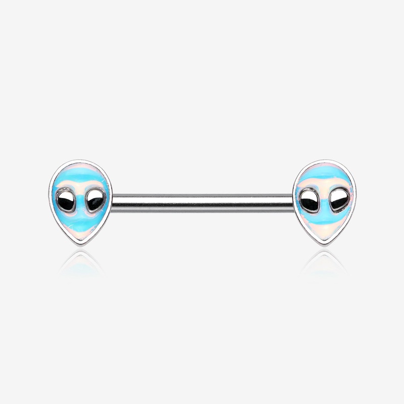 A Pair of Iridescent Revo Alien Head Nipple Barbell 14 GA (1.6mm), 1/2″ (12mm)
