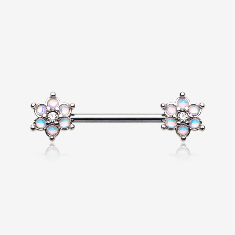 A Pair of Iridescent Revo Spring Flower Sparkle Nipple Barbell 14 GA (1.6mm), 1/2″ (12mm)