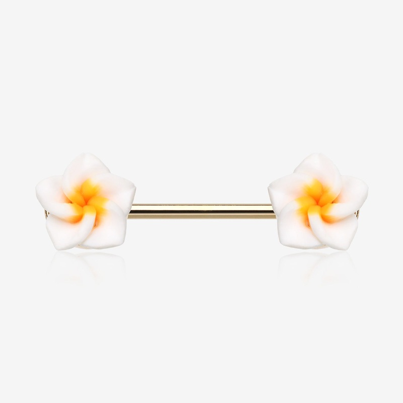 A Pair of Kauai Plumeria Handmade Clay Flower Nipple Barbell 14 GA (1.6mm), 1/2″ (12mm)
