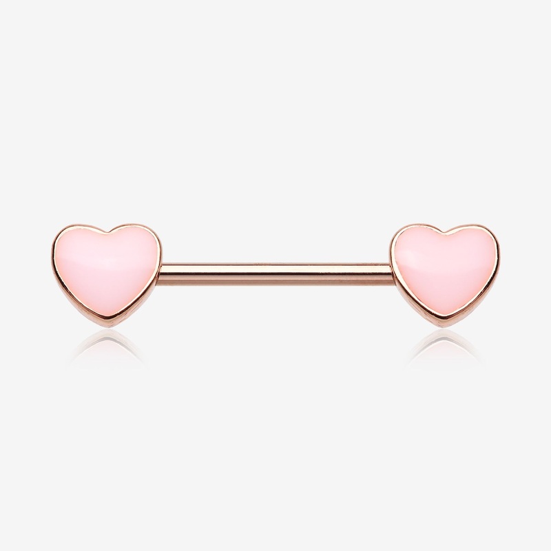 A Pair of Rose Gold Adorable Pink Heart Nipple Barbell 14 GA (1.6mm), 1/2″ (12mm)