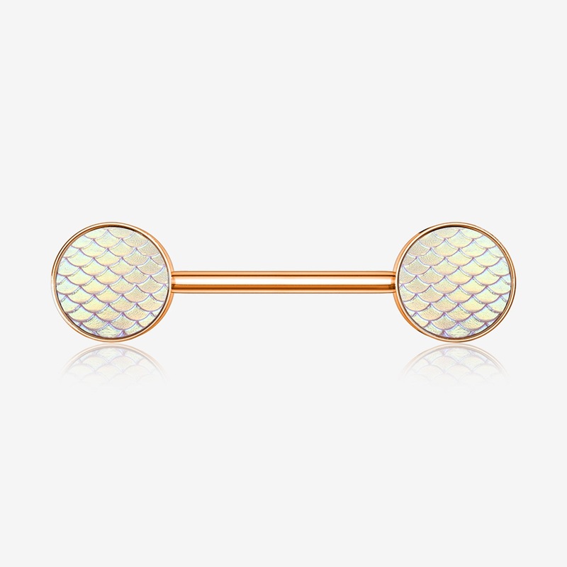 A Pair of Rose Gold Iridescent Mermaid Scale Nipple Barbell 14 GA (1.6mm), 1/2″ (12mm)