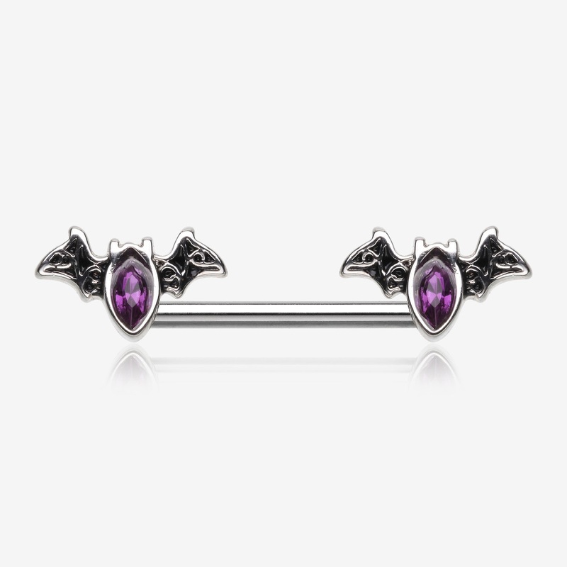 A Pair of Victorian Goth Bat Sparkle Nipple Barbell 14 GA (1.6mm), 1/2″ (12mm)