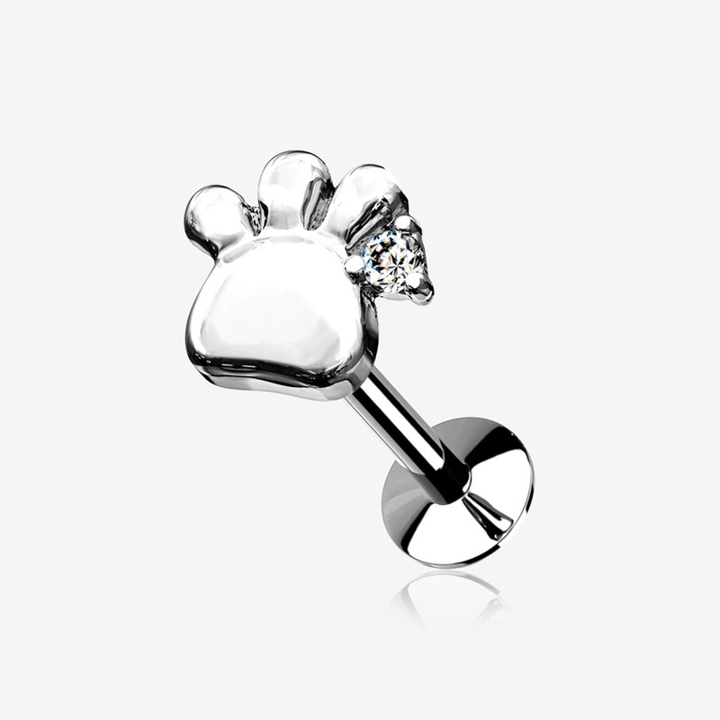 Adorable Sparkle Paw Top Threadless Push-In Steel Labret 20 GA (0.8mm), 1/4″ (6mm)