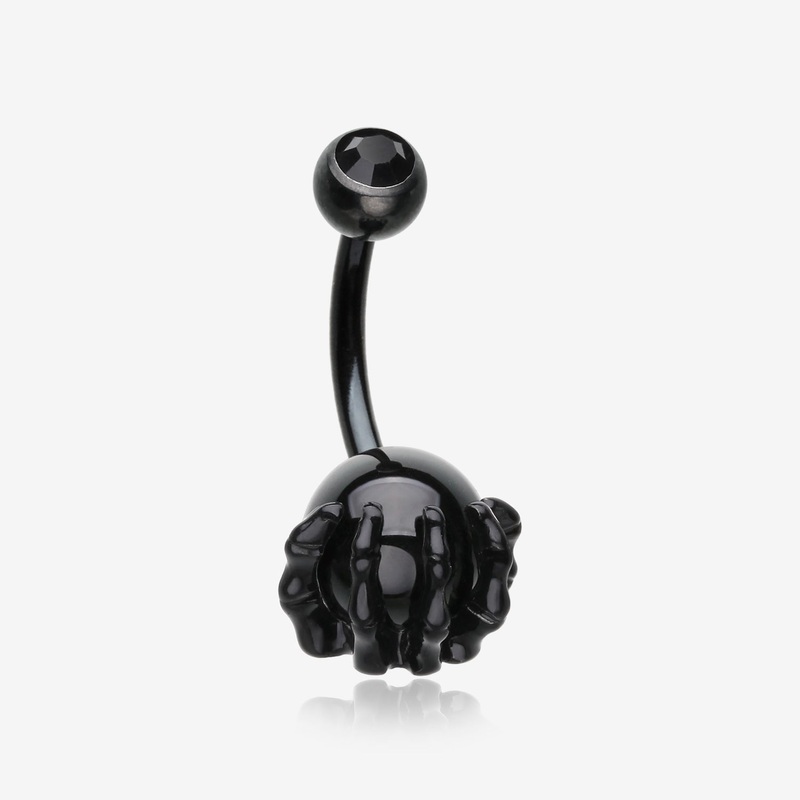 Blackline Onyx Stone Orb Shine Skeleton Hand Belly Button Ring*