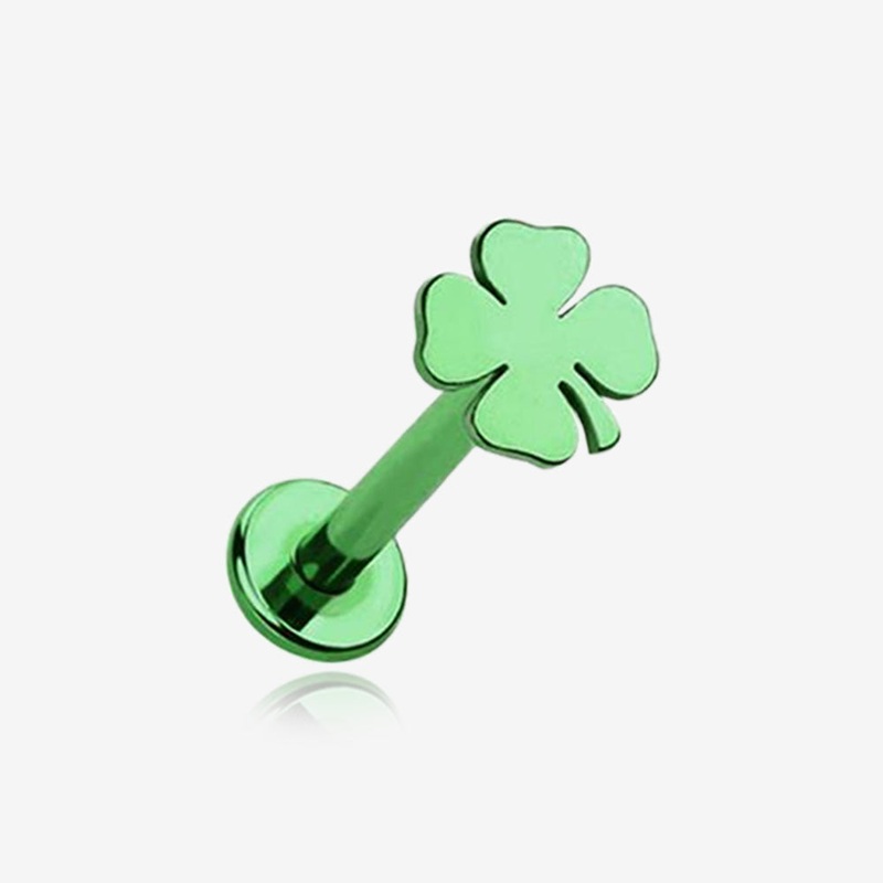 Colorline Lucky Charm Clover Top Internally Threaded Labret Flat Back Stud Green 16 GA (1.2mm), 1/4″ (6mm)