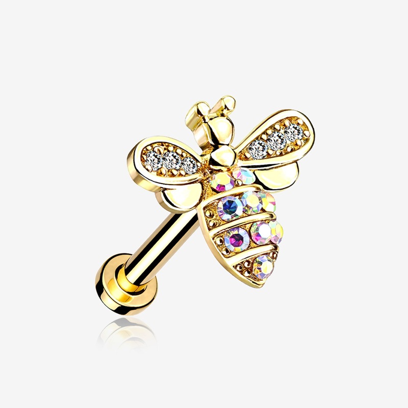 Golden Glistening Honey Bee Sparkle Internally Threaded Labret 16 GA (1.2mm), 1/4″ (6mm)