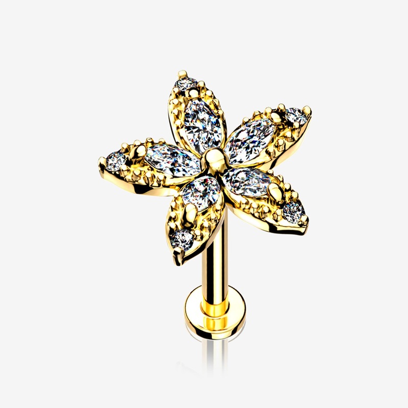 Golden Marquise Sparkle Spring Flower Internally Threaded Labret 16 GA (1.2mm), 1/4″ (6mm)