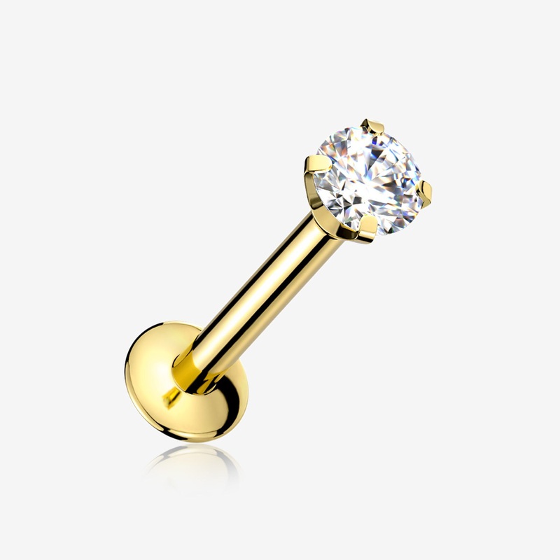Golden Prong Set Gem Top Threadless Push-In Steel Labret 20 GA (0.8mm), 1/4″ (6mm), Gem: 2mm