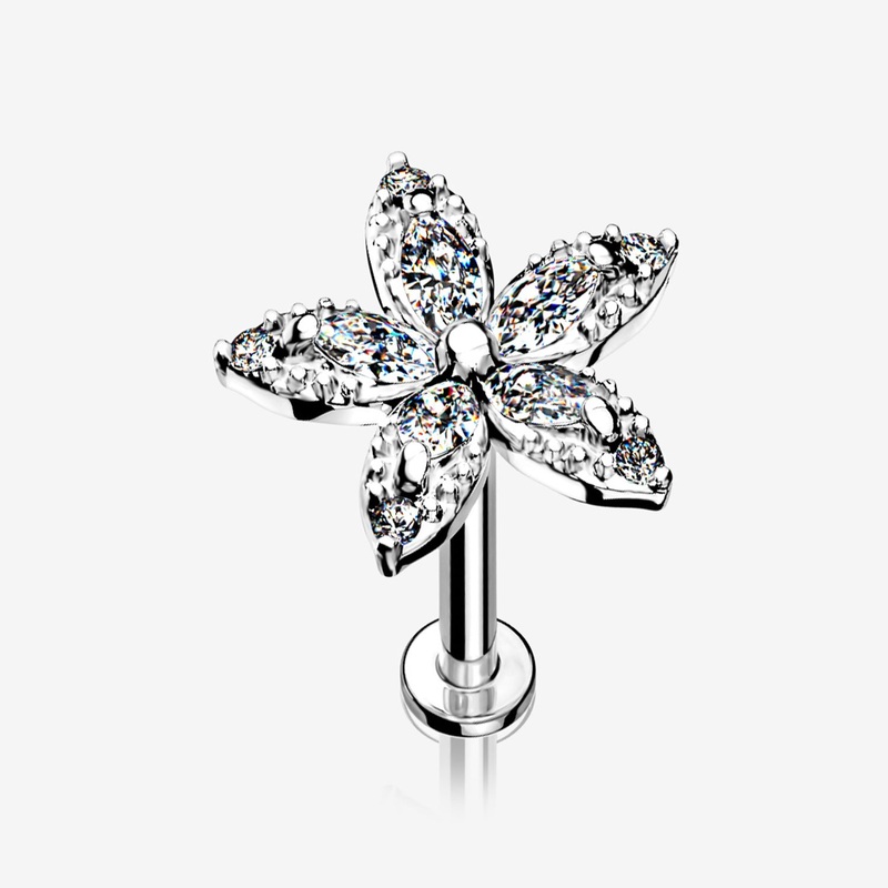 Marquise Sparkle Spring Flower Internally Threaded Labret 16 GA (1.2mm), 1/4″ (6mm)