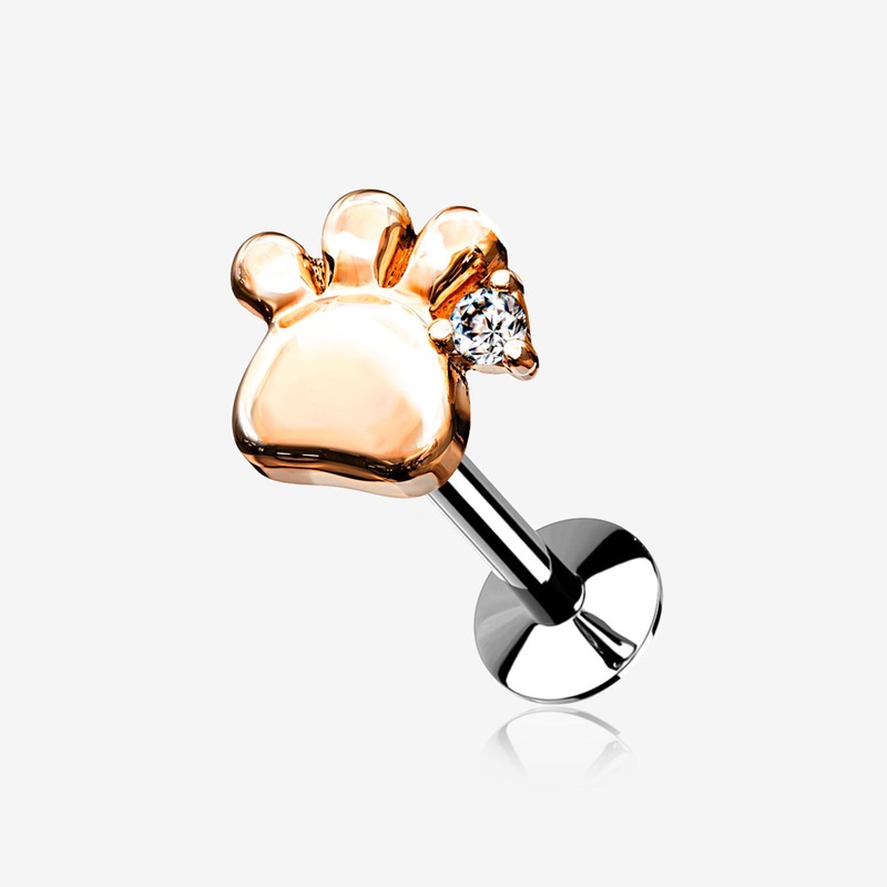 Rose Gold Adorable Sparkle Paw Top Threadless Push-In Steel Labret 16 GA (1.2mm), 5/16″ (8mm)