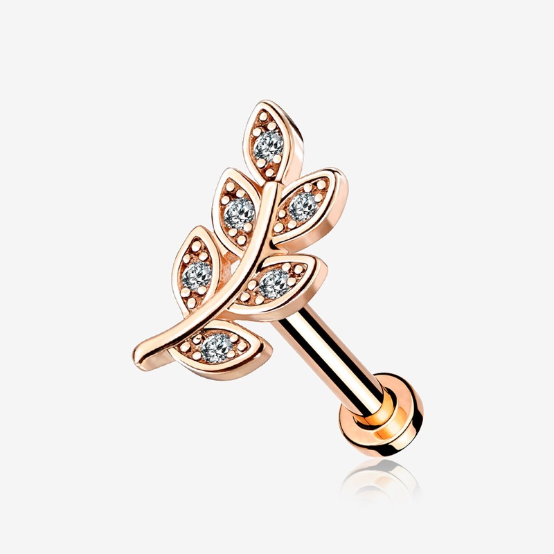Rose Gold Dainty Leaflet Sparkle Interally Threaded Labret 16 GA (1.2mm), 1/4″ (6mm)