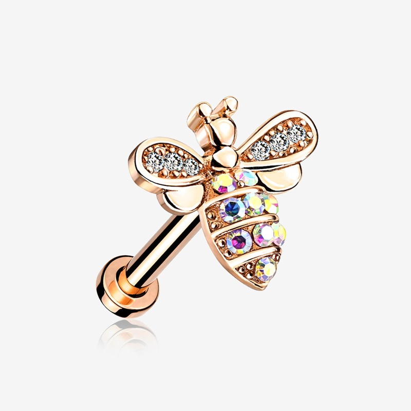 Rose Gold Glistening Honey Bee Sparkle Internally Threaded Labret 16 GA (1.2mm), 1/4″ (6mm)