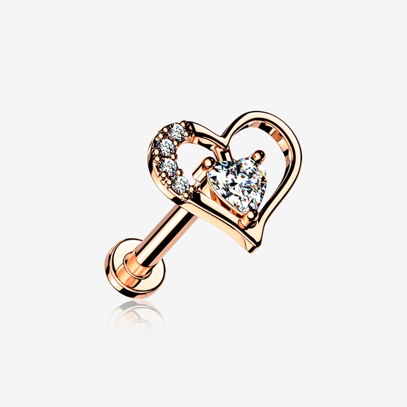 Rose Gold Journey Heart Solitaire Sparkle Internally Threaded Labret 16 GA (1.2mm), 1/4″ (6mm)