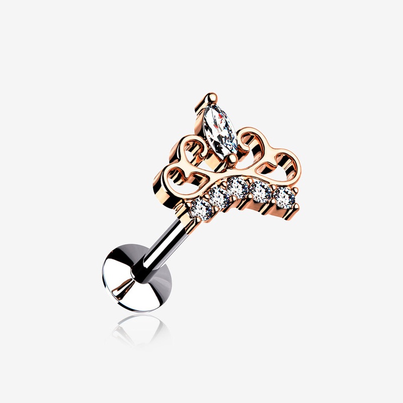 Rose Gold Royal Tiara Sparkle Top Threadless Push-In Steel Labret* Rose Gold 16 GA (1.2mm), 5/16″ (8mm)