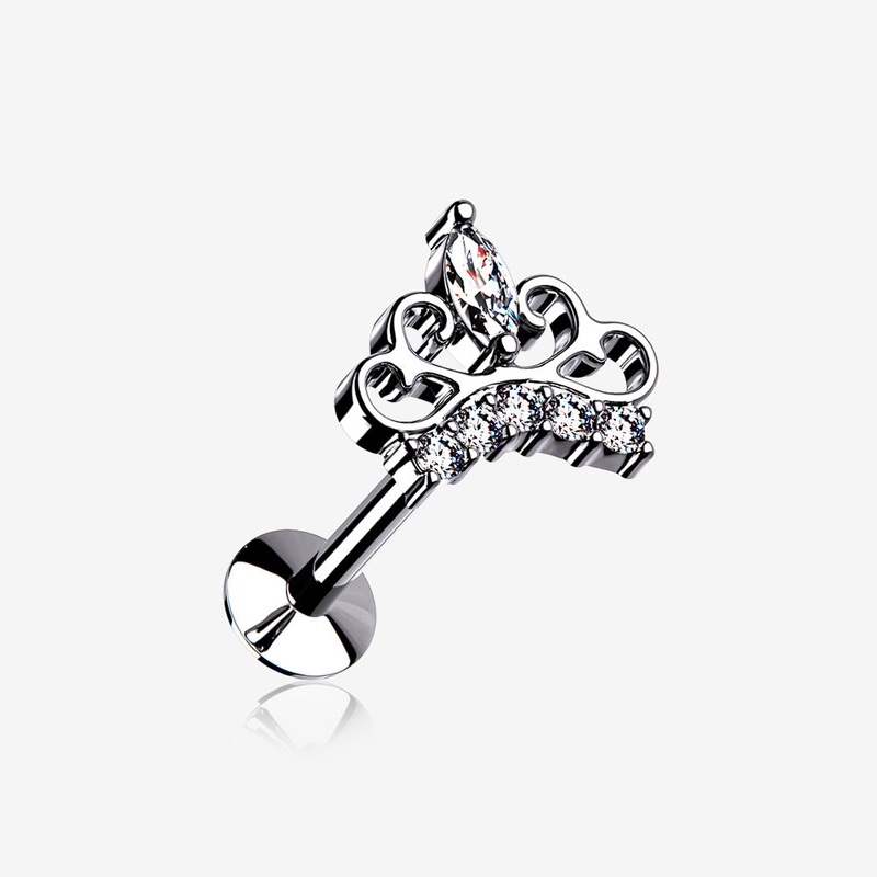 Royal Tiara Sparkle Top Threadless Push-In Steel Labret Clear/White 18 GA (1mm), 5/16″ (8mm)