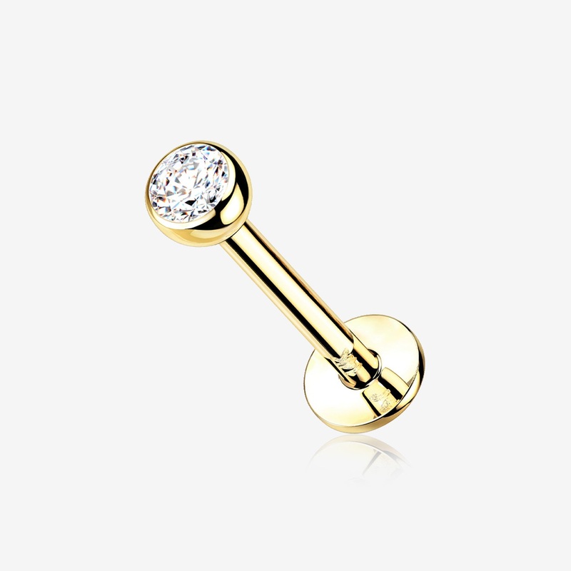 14 Karat Gold OneFit Threadless Bezel Set Gem Top Flat Back Stud Labret 18 GA (1mm), 1/4″ (6mm), Ball: 2mm
