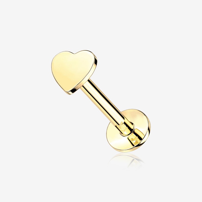 14 Karat Gold OneFit Threadless Flat Heart Top Flat Back Stud Labret 18 GA (1mm), 5/16″ (8mm), Top: 3mm